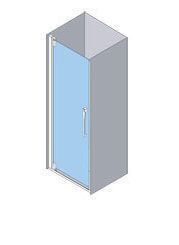 Vista isométrica de una cabina de ducha con una sola puerta de vidrio; interior azul y marco gris.