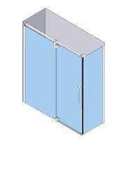 Puerta de ducha corrediza de vidrio azul en marco blanco.