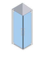Vista isométrica de una cabina de ducha de esquina con paneles de color azul claro y marco plateado.