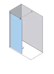 Vista isométrica de una cabina de ducha con un panel de vidrio y dos paredes grises.