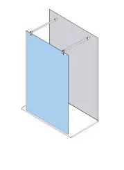 Cabina de ducha de color azul y gris con dos paneles verticales y barras de soporte horizontales.