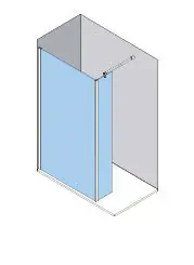 Vista isométrica de una cabina de ducha con dos paneles de vidrio y una puerta corredera, una de ellas tintada de azul.