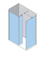 Un vestidor con frente abierto, paredes azules, marco de metal y mecanismo de puerta corrediza.