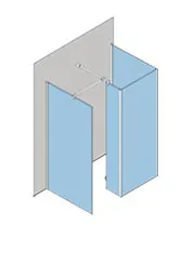 Vista isométrica de una cabina de ducha con dos paneles de vidrio y una pared. Vidrio tintado azul, pared gris claro.