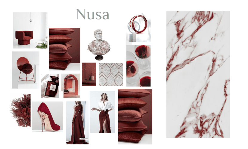 Tablero de estado de ánimo con combinación de colores rojo y blanco, con objetos como almohadas, mármol y una escultura.