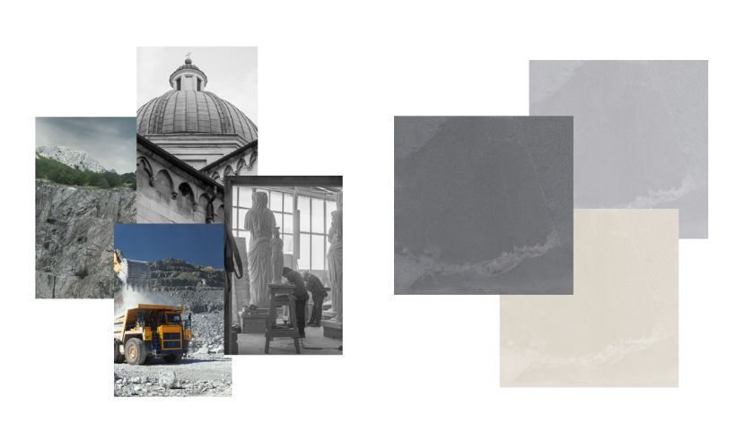 Collage: fotografías de cantera, cúpula, trabajadores con estatua y tres baldosas cuadradas de color piedra.