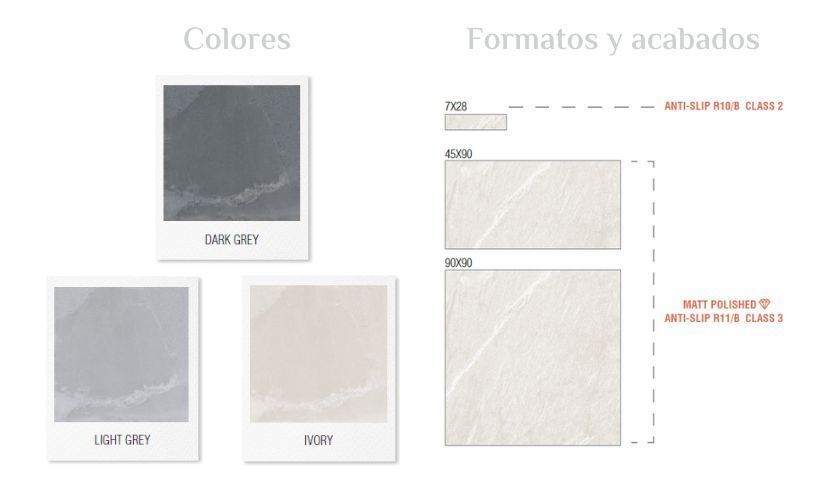 Muestras de color y formatos de mosaico. Colores: Gris oscuro, Gris claro y Cálido. Formatos: 7x28, 60x120 y 60x60.