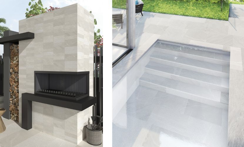 Izquierda: Chimenea exterior con leña apilada. Derecha: Escaleras que conducen a una piscina poco profunda.