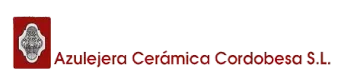 Logotipo de Azulejera Cerámica Cordobesa SL caracterizado por un cuadrado rojo con emblema decorativo y texto en rojo.
