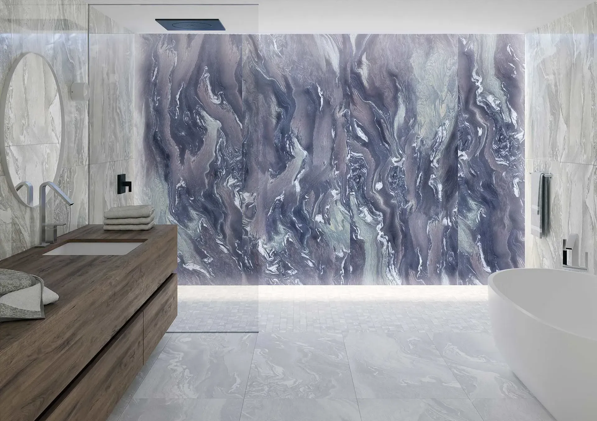 Baño moderno con paredes de mármol, tocador de madera y una pared decorada con dibujos.