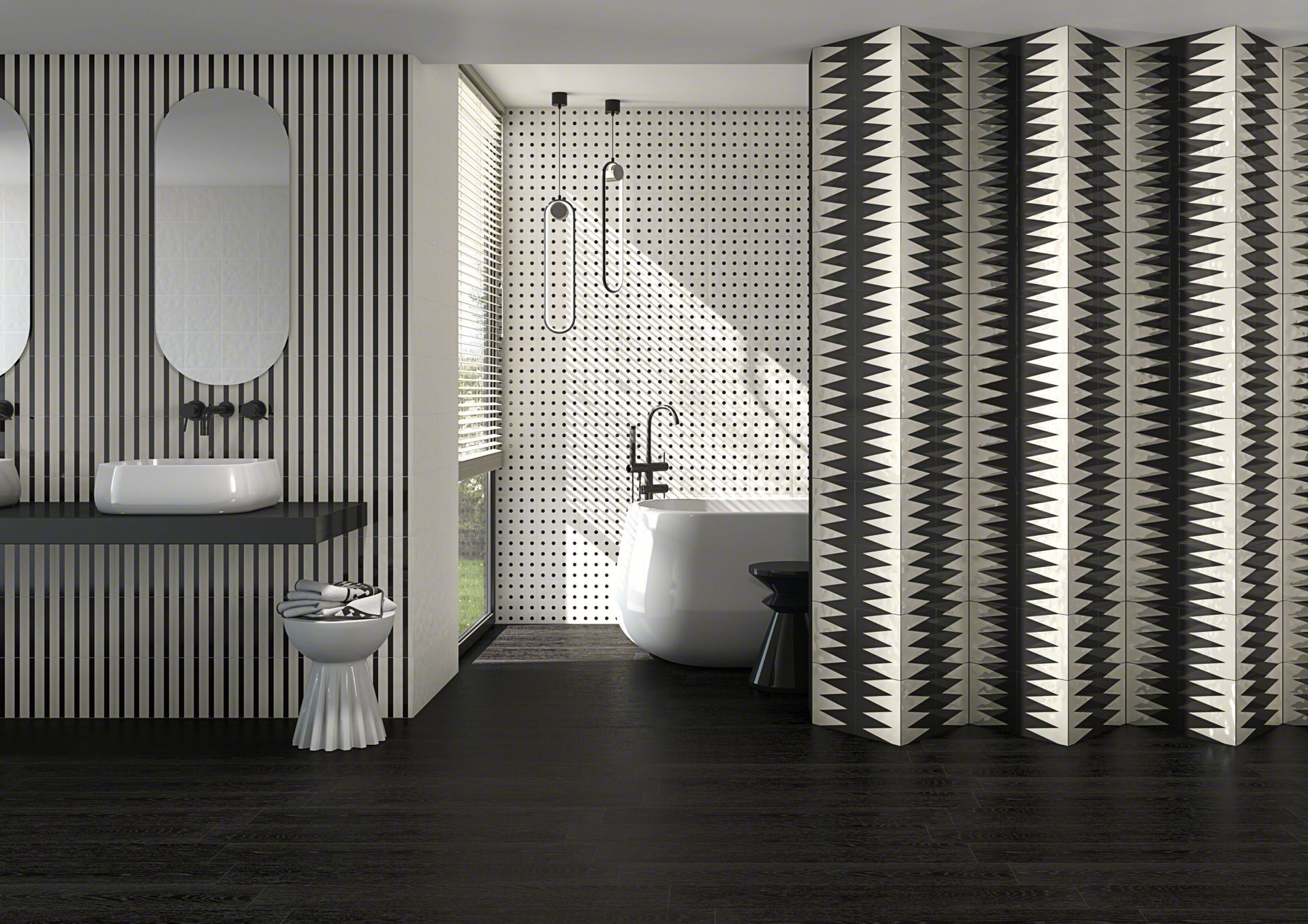 Baño moderno con decoración en blanco y negro; incluye lavabos, bañera y divisor estampado.