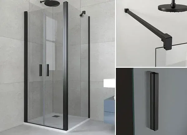 Mampara de ducha con marco negro, cabezal de ducha tipo lluvia y detalles de tiradores y brazo de soporte.