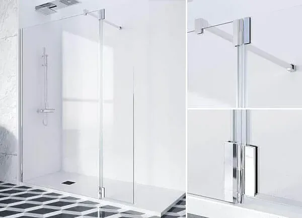 Mampara de ducha de cristal con herrajes cromados en un baño moderno.