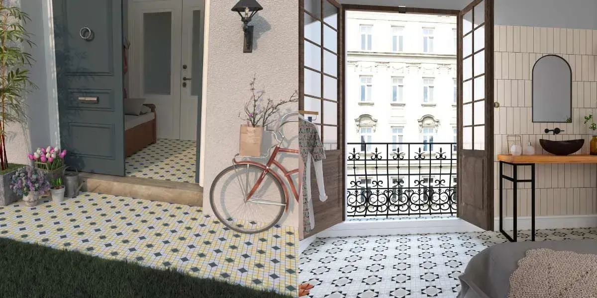 Habitación con suelo de baldosas estampadas, puertas francesas y balcón con vistas a un edificio. Una bicicleta está apoyada contra una pared exterior.
