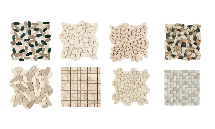 Ocho muestras de mosaicos con diversos patrones de guijarros y cuadrículas en tonos neutros.