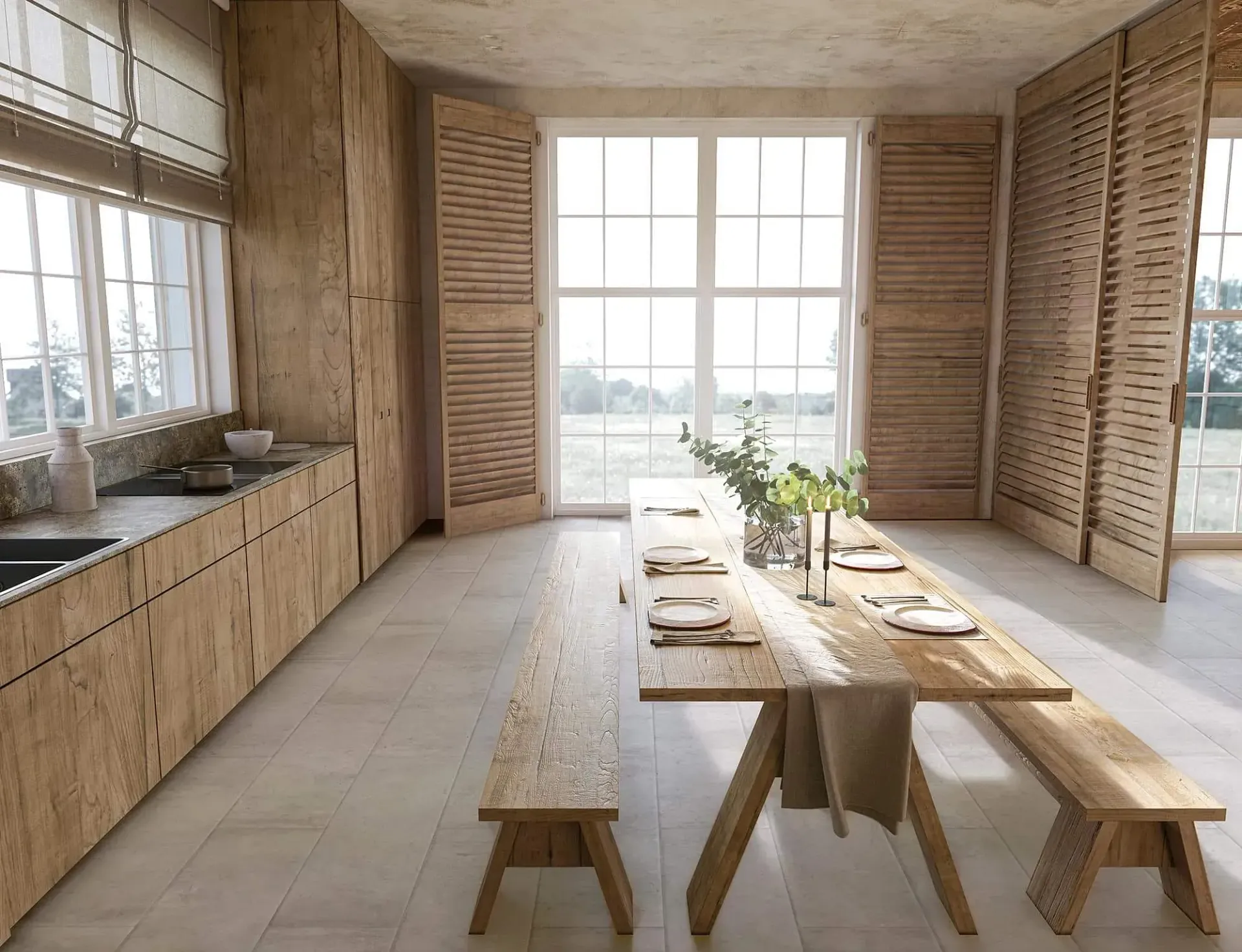 Comedor rústico con mesa, bancos y muebles de madera; grandes ventanales con persianas.