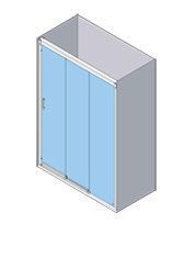 Vista isométrica de una cabina de ducha con tres puertas corredizas de vidrio azul y marco blanco.