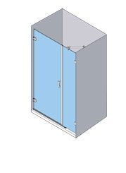 Vista isométrica de una cabina de ducha con puerta de vidrio, panel azul y marco gris.