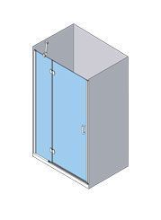 Vista isométrica de una cabina de ducha con puerta de vidrio abatible, dentro de una cabina de color gris.