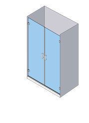 Vista isométrica de una cabina de ducha gris con dos puertas de vidrio azul y manijas plateadas.