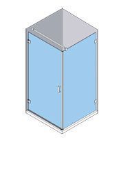 Vista isométrica de una cabina de ducha de vidrio con puerta, vidrio azul y marco gris.