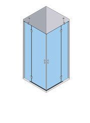 Vista isométrica de una cabina de ducha de esquina de vidrio azul con un marco plateado y una parte superior en ángulo gris.