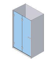 Vista isométrica de una cabina de ducha con puertas de vidrio azul y herrajes plateados.