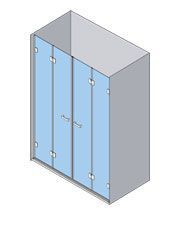 Una mampara de ducha de cristal con dos puertas, situada dentro de un espacio revestido de azulejos grises.