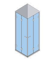 Vista isométrica de una cabina de ducha de esquina con puertas de vidrio y techo gris.