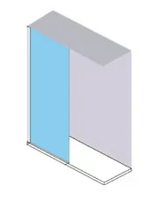 Vista isométrica de una cabina de ducha. Una puerta de cristal azul se desliza por un riel entre dos paredes grises.