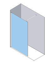 Vista isométrica de una cabina de ducha con puerta de vidrio y barra de soporte horizontal.