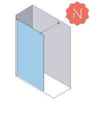 Ducha con mampara de cristal azul y barra superior, dentro de una cabina blanca y gris. Logotipo