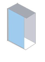 Vista isométrica de una cabina de ducha con una sola puerta de vidrio; vidrio azul, base blanca y marco gris.