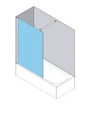 Vista isométrica de una cabina de ducha con un solo panel de vidrio azul, bañera y barra de soporte.