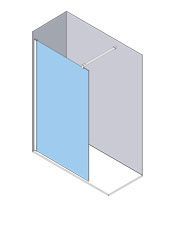 Vista isométrica de una cabina de ducha con una sola puerta de vidrio y paredes blancas.