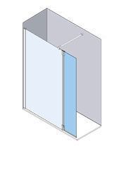 Vista isométrica de una cabina de ducha con puerta y panel lateral de cristal. Paredes grises y suelo blanco.