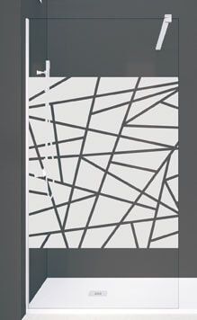 Mampara de ducha con líneas geométricas negras sobre cristal esmerilado, en marco blanco, sobre base de ducha blanca.