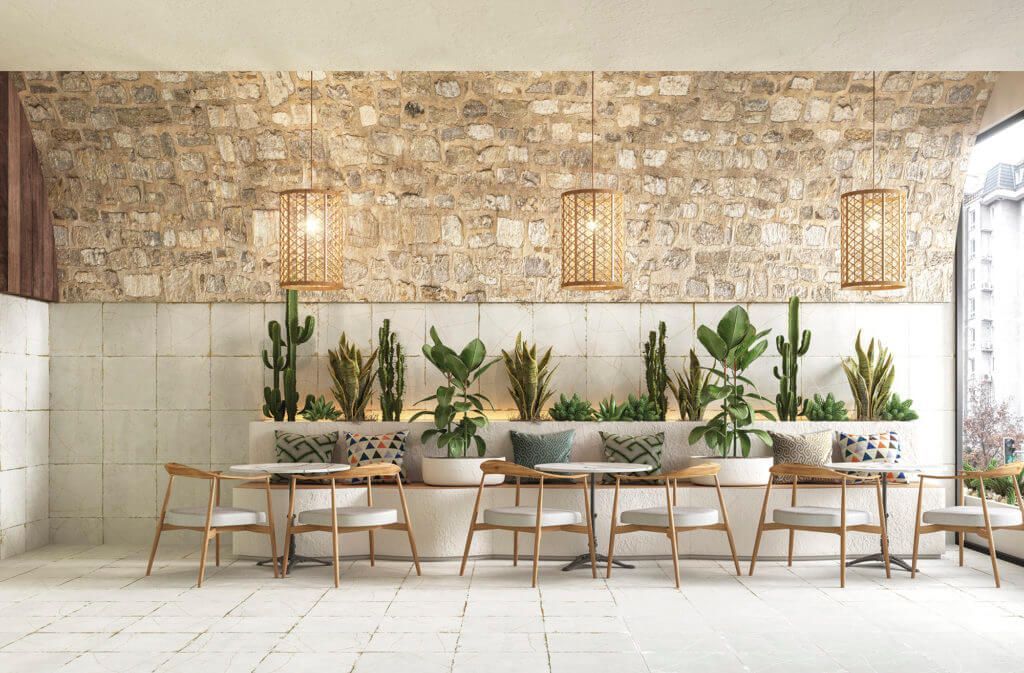 Zona de estar tipo cafetería con mesas y sillas de madera clara, jardineras empotradas con cactus y fondo de pared de piedra.