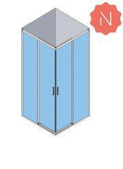 Vista isométrica de una cabina de ducha con una sola puerta de panel de vidrio azul y una barra plateada.