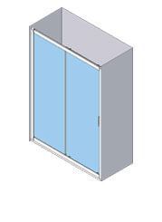 Vista isométrica de un gabinete gris con dos puertas corredizas de vidrio azul.