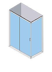 Vista isométrica de una mampara de ducha de vidrio rectangular con puertas corredizas y marco cromado.