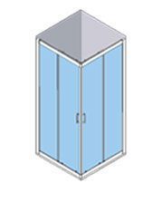 Vista isométrica de una cabina de ducha de esquina con puertas de vidrio y marco plateado.