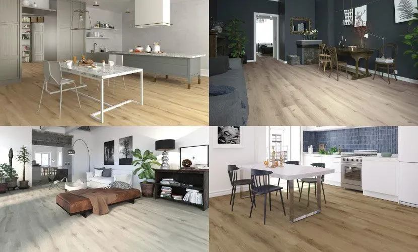 Cuatro habitaciones con suelo de madera, con cocinas y espacios de estar amueblados.