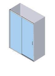 Vista isométrica de una cabina de ducha con dos puertas corredizas de vidrio.