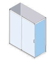 Vista isométrica de una cabina de ducha con puerta corrediza de vidrio y panel lateral azul.