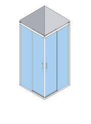 Vista isométrica de una cabina de ducha de esquina con un interior azul, puertas de vidrio y un techo gris.