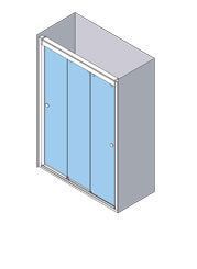 Vista isométrica de una cabina de ducha con puertas corredizas de vidrio; vidrio azul, marco blanco, paredes grises.