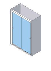 Puertas de ducha corredizas de vidrio en mampara de color gris, fondo azul visible.