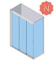 Vista isométrica de una cabina de ducha de vidrio azul con puertas corredizas.