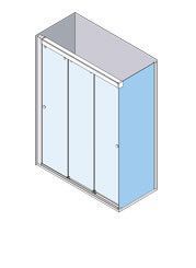Vista isométrica de una cabina de ducha rectangular con tres puertas corredizas de vidrio.